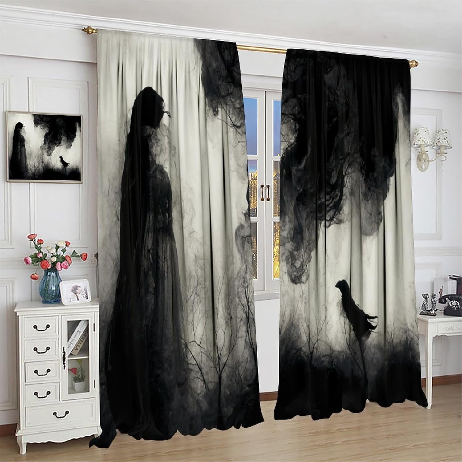 Halloween Misty Forest Curtains, Gothic Foggy Night Silhouette Birds Black Raven Crow Room Darkening Door Window Rod Pocket Curtain for Living Room Bedroom W42xL45in