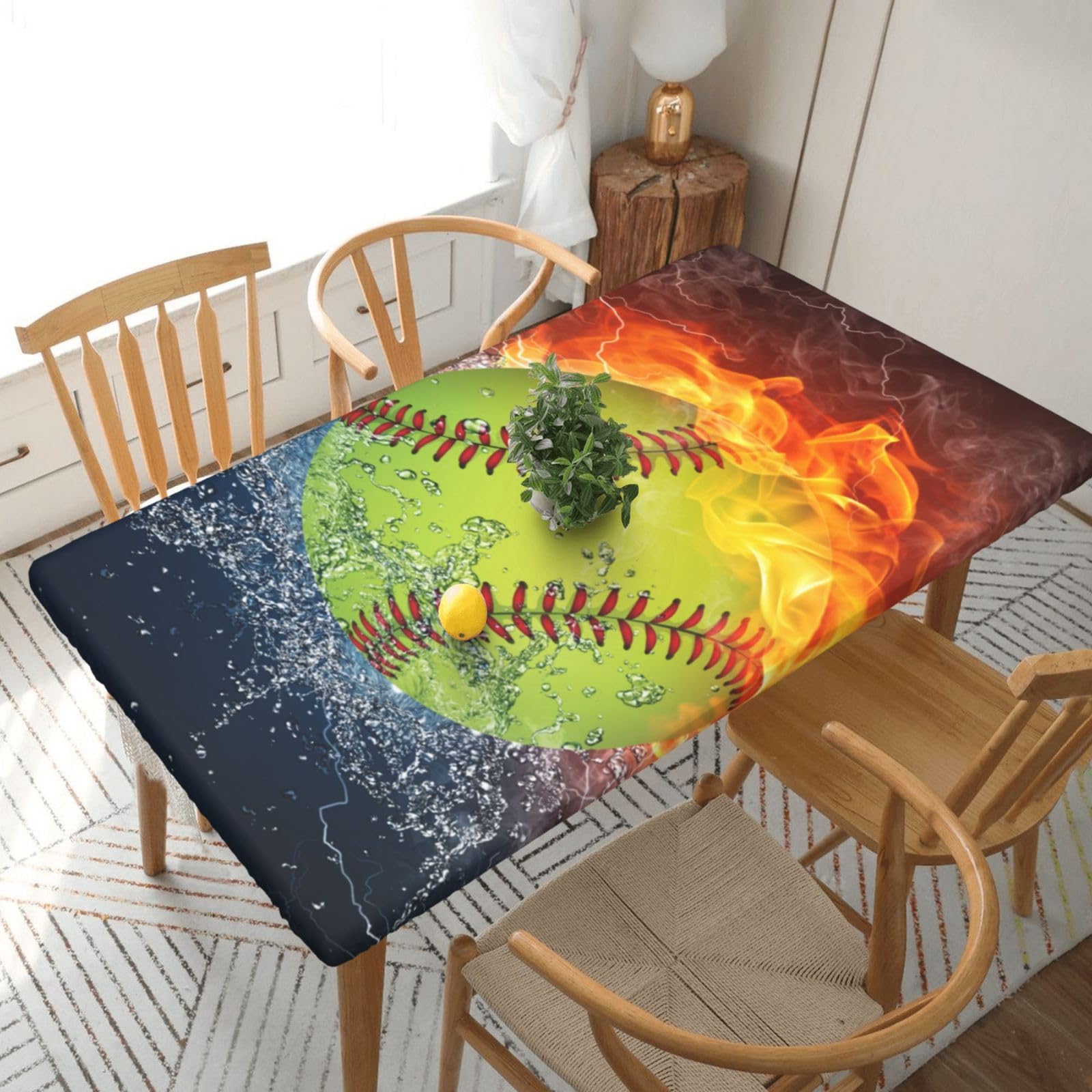 BNVSADC Orange Softball Baseball on Fire and Water Printed 5FT Tablecloth Polyester Kitchen Water Resistant Table Cloth Dining Table Decoration Table Covers, 152x76 CM