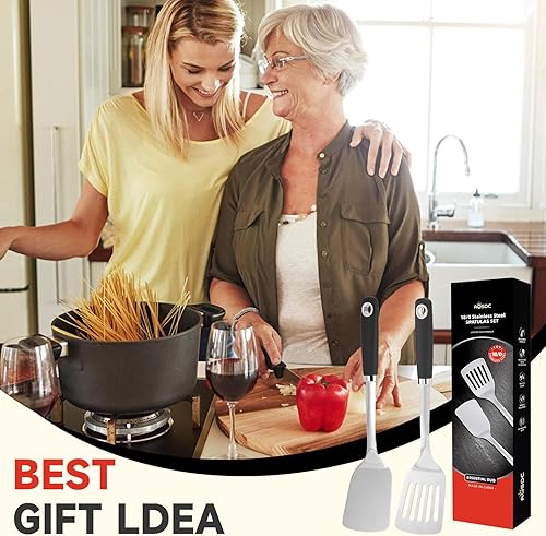 Miniatura 7 de Juego de 2 espátulas de acero inoxidable, 14.2 plateado ranurado, espátula sólida, juego de utensilios de cocina, alta resistencia al calor