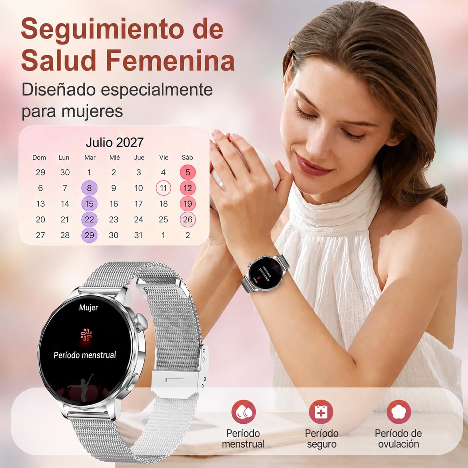 Reloj Inteligente Mujer Pequeño Redondo con Llamadas, 1,27" HD, 2 Correas