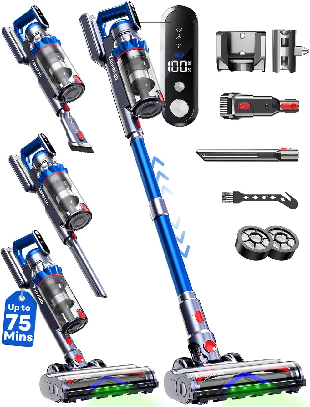 Cordless Vacuum Cleaner, 75Mins/55KPa/650W Freestanding Stick Vacuum Cleaners for Home, Rechargeable, Lightweight, Cone Filtration&Anti-Tangle, for Hard Floor, Carpet, Hardwoods, Pet Hair