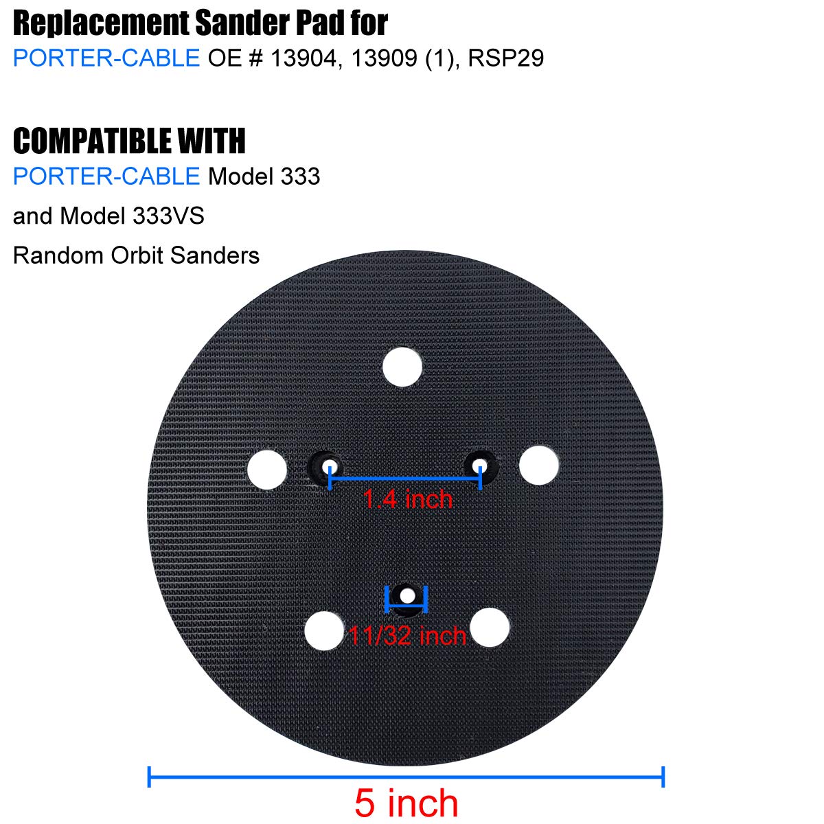 5" Sander Pad for Porter-Cable 333 and 333VS Random Orbit Sanders - Replacement for No. 13904 Hook-and-Loop Pad