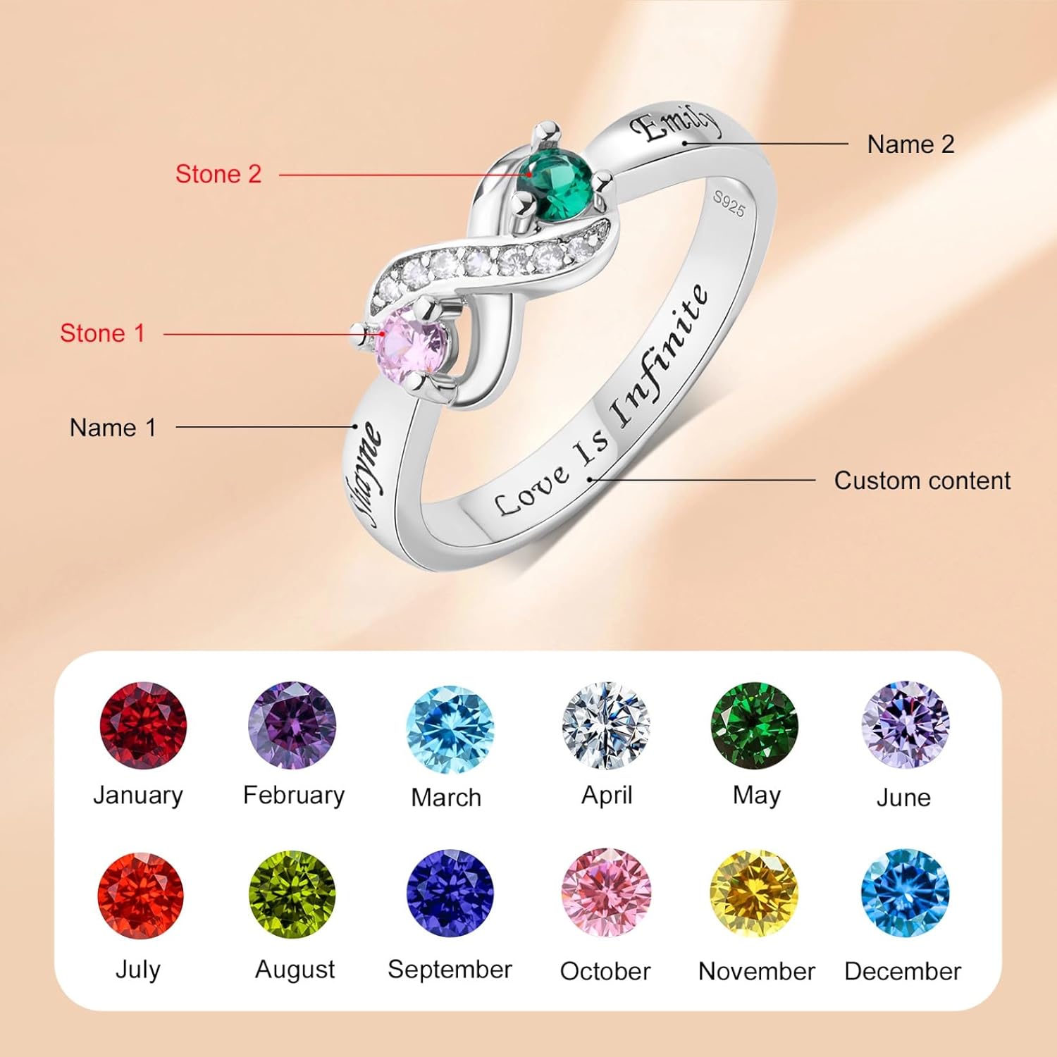 Personalized 925 Sterling Silver Mother’s Ring with 2 Birthstones, Custom Engraved Name, Promise Infinity Ring Christma Gift for Mom, Grandma, Wife