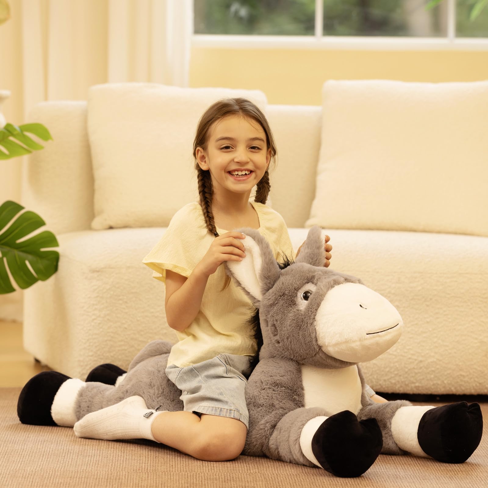 KERTA 43.3inch Giant Donkey Stuffed Animal, Hugging Soft Stuffed Donkey Plush Body Pillow, Realistic Large Farm Animal Plush Toy Gift for Kids 5