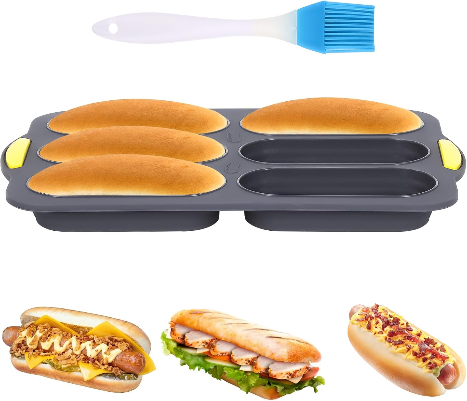 シリコーンホットドッグパン パン型 オイルブラシ付き バゲット ベーキングトレイ ノンスティックフレンチパン サンドイッチ型 電子レ