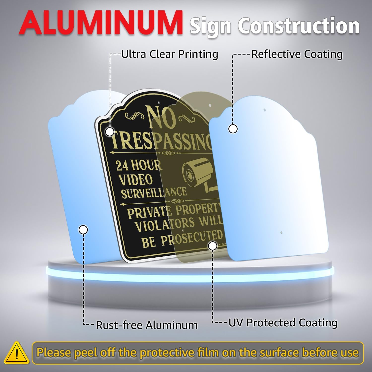 Faittoo No Trespassing Signs Private Property Video Surveillance Sign with 42" Stake, 4-Pack 12"x12" Rust Free Aluminum, Reflective, 2 Pre-drilled Holes, Includes Matching Screws & Wre