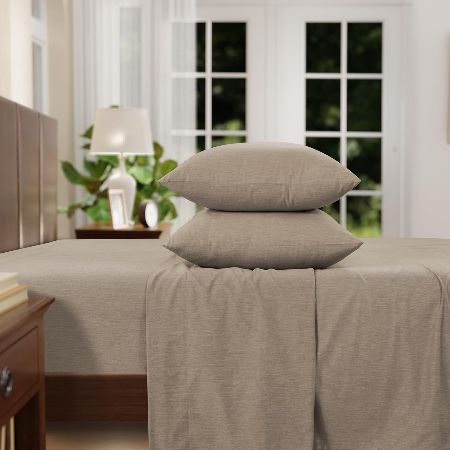 Izod Melange Cotton Blend 4Pc Full Size Bed Sheet Set, Deep Pockets fits Upto 17", Hotel Luxury Bedding Sheets & Pillowcases, Wrinkle Resistant, Sateen Weave Cooling Bed Sheet - Khaki