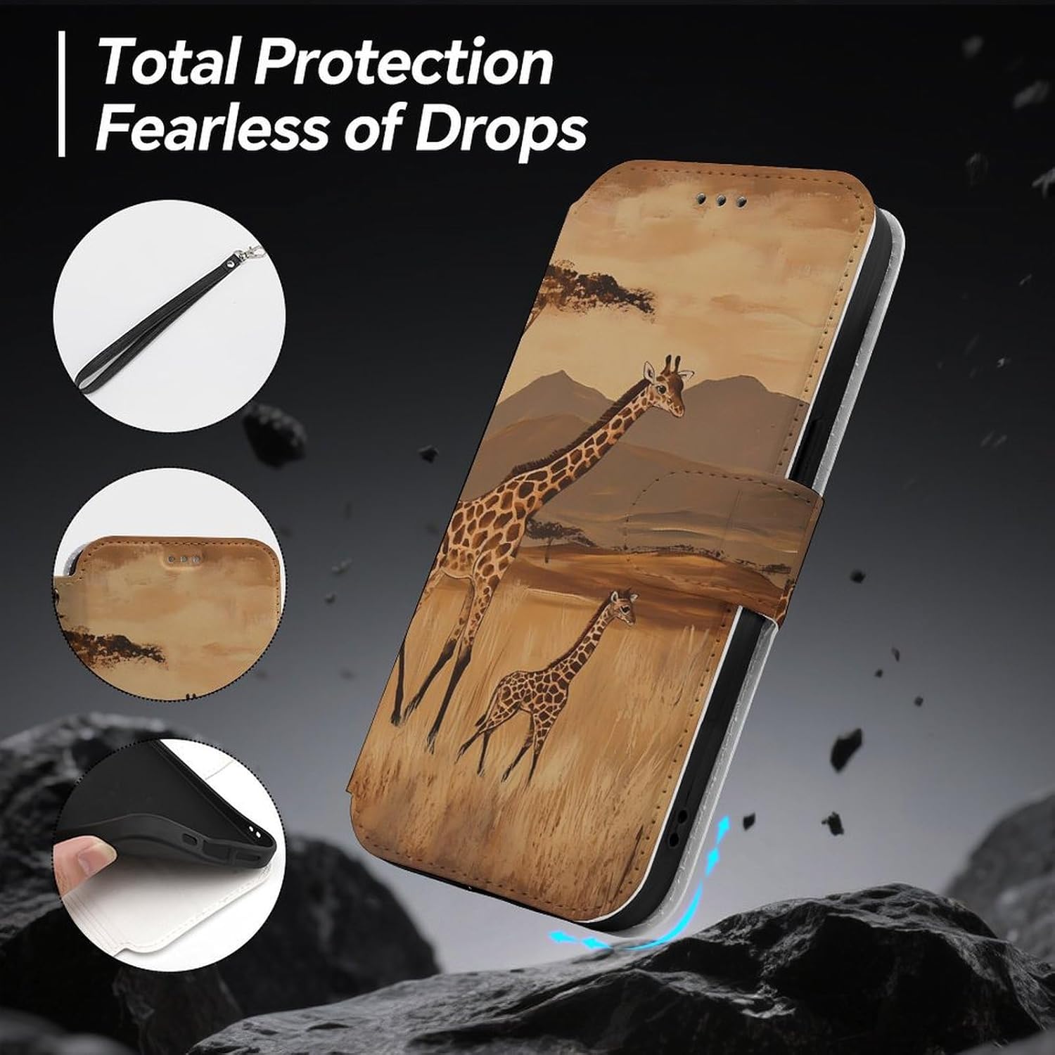 Giraffes in an African Compatible with iPhone 16/16 Plus/16 Pro/16 Pro Max/16 E Case Phone Wallet Card Holder Flip Cover with Wrist Strap