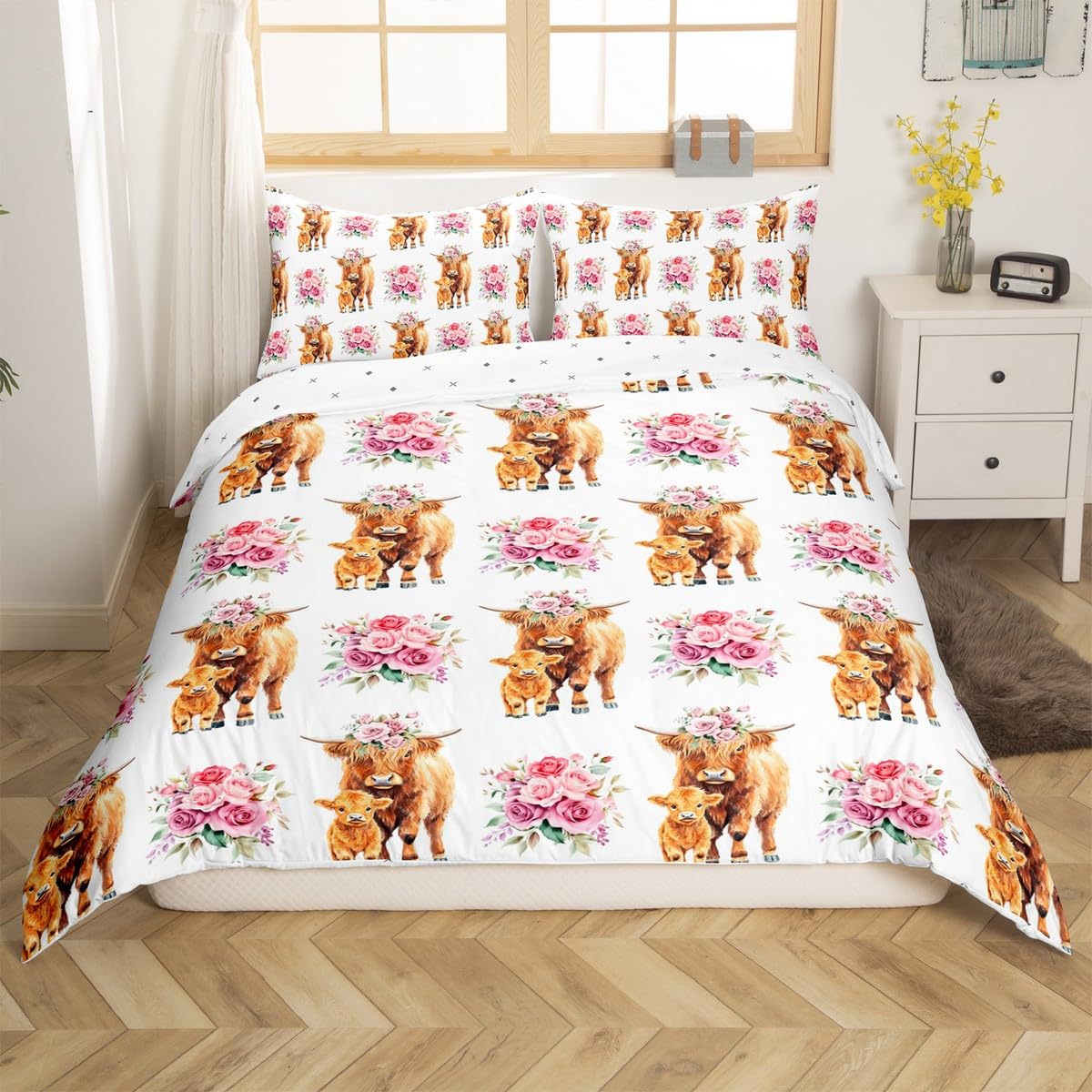 Homemissing Highland Cow Bedding Set Cot Size Highland Cattle Bedding Duvet Cover Set For Boys Teens Decor Floral Comforter Cover Set Farmhouse Animals Bedspread Cover Bedroom Quilt Cover 3Pcs — image 1