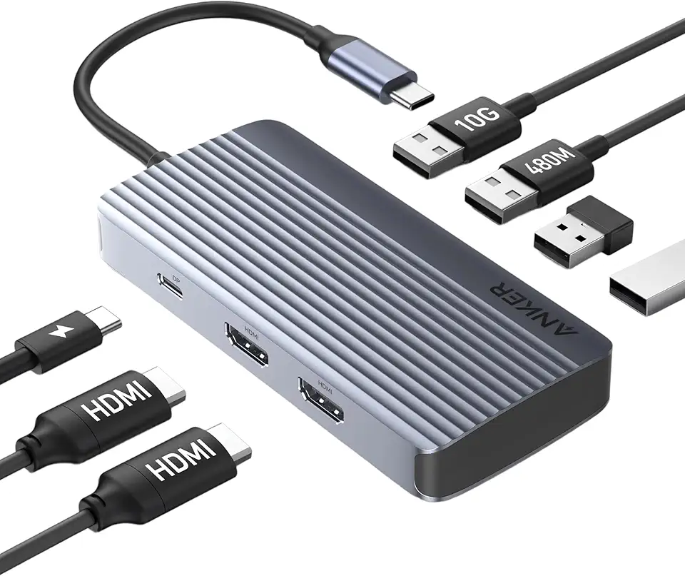 Anker Hub USB-C 7 em 1, Estação de Acoplamento USB-C para Dois Monitores, Dupla Exibição HDMI, Entrega de Energia de 100W, Transferências de Dados de 10Gbps para Dell XPS, ASUS, ACER e mais