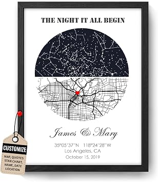 CarryBright Custom Star Map & City Map Print, Personalized Anniversary Couples Gift Printable Night Sky Canvas Wall Art Map Poster Round,Black