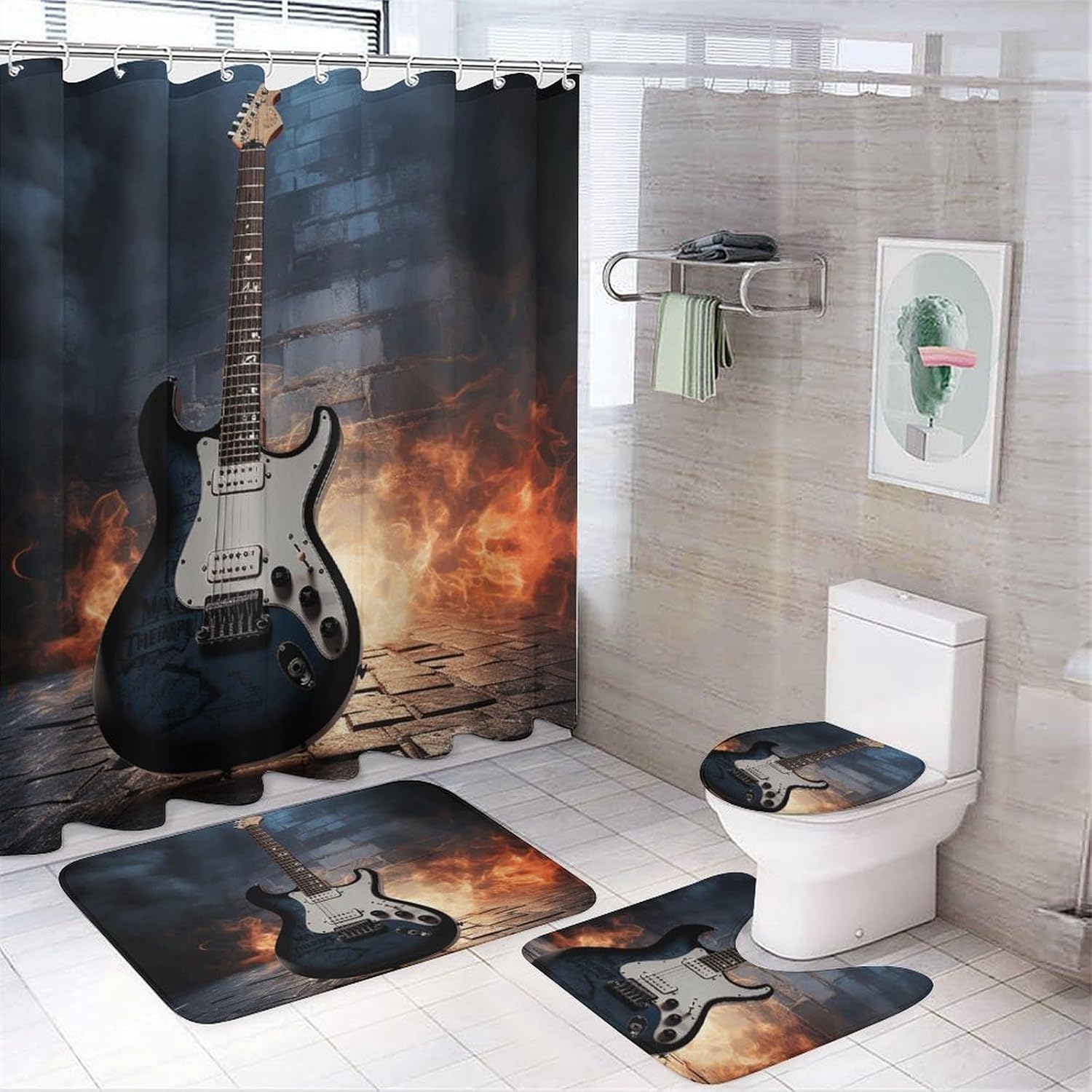 Electric Guitar 4Pcs Shower Curtain Set with Non-Slip Rugs, Toilet Lid Cover and Bath Mat,Bathroom Set Decor Accessories,Curtain Set with 12 Hooks, 72 X 72 Inch