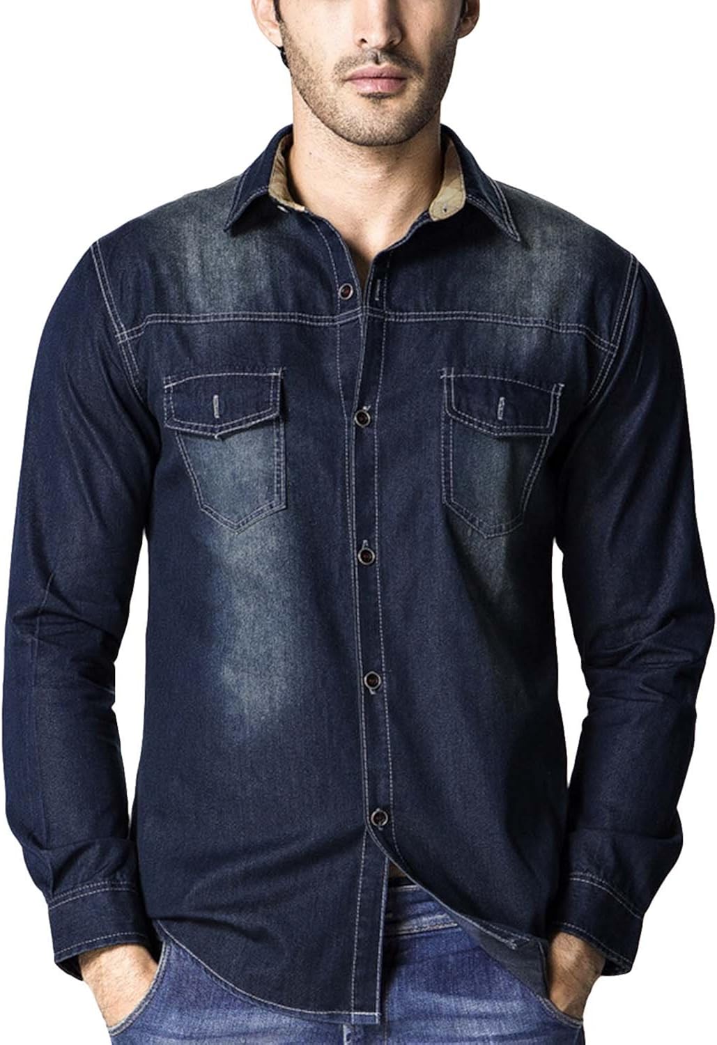 LuckiEriBov Men Long Sleeve Rugged Button Shirt Classic Patch Pocket