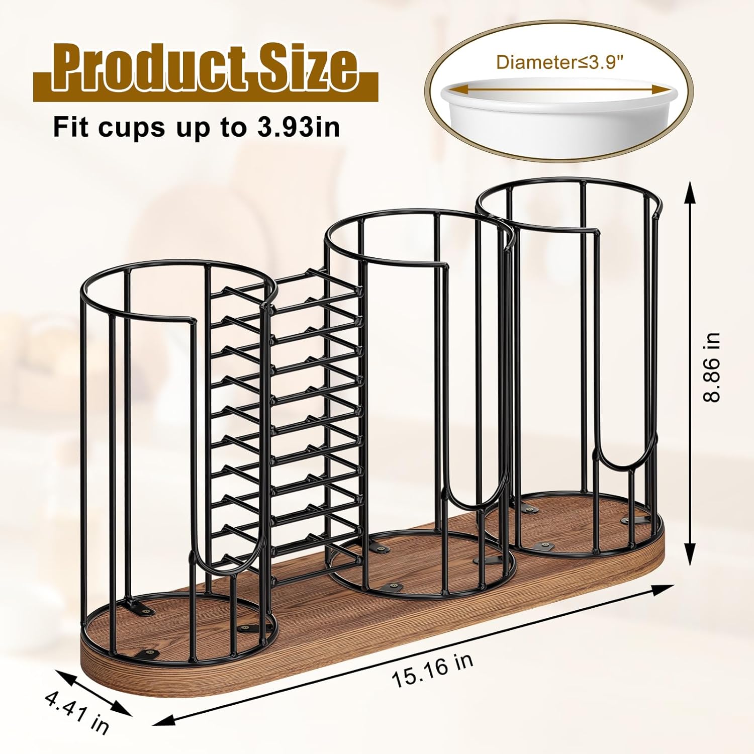 Coffee Cup Dispenser Rack with Wood Base, 18oz Cup Holder Organizer for Storing Paper Cups, Straws, Lids and Disposable Tableware(4-compartment) - Image 2