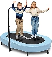 56" Double Toddler Trampoline with Adjustable Handle, Foldable Kids Trampolines Indoor/Outdoor, Weight Capacity 220 LBS