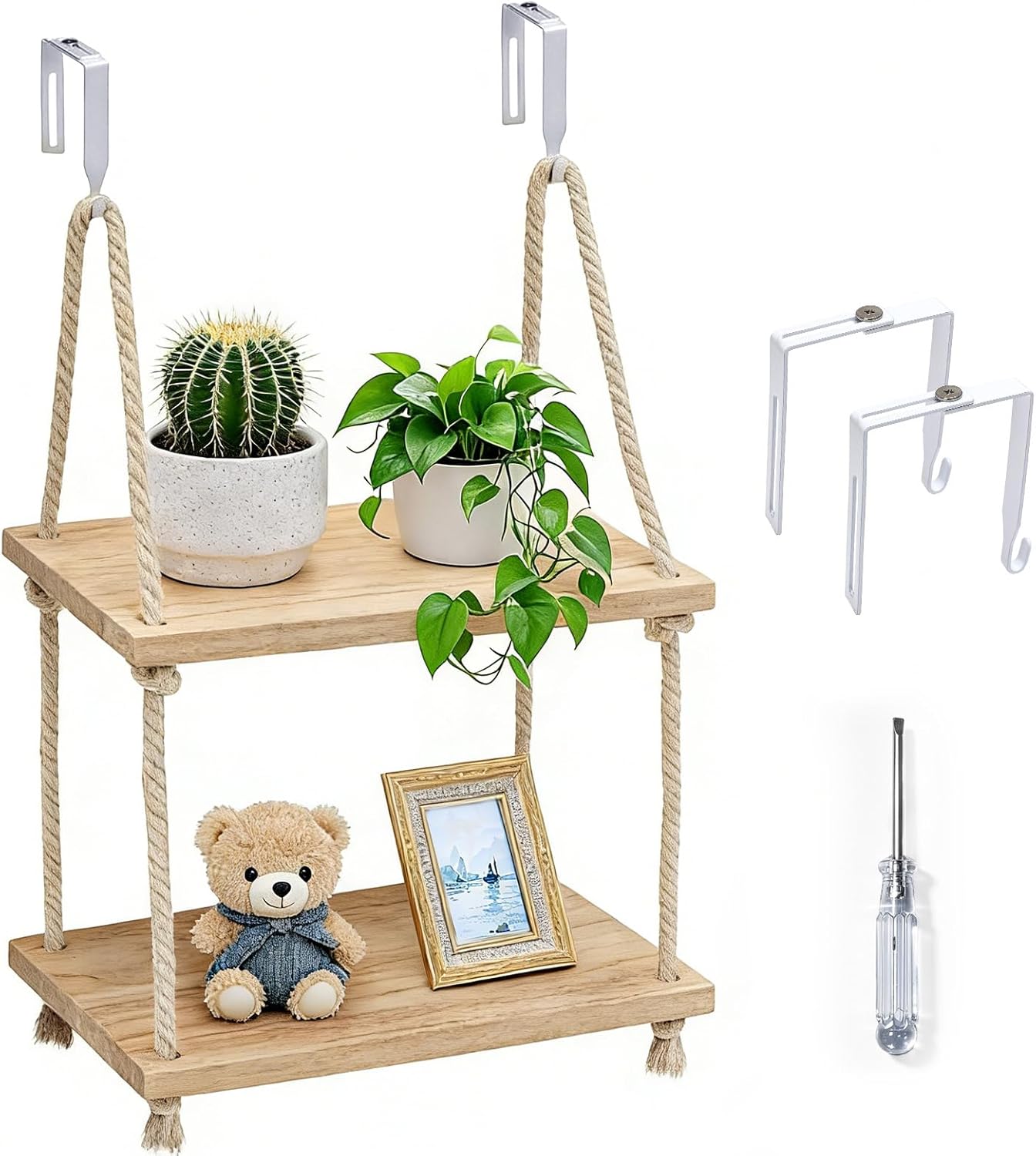 2 Tier Cubicle Shelf for Fabric Wall with Hooks,11.8 Inch Wodden Hanging Shelf with Cotton Rope Organizer Hanging Office Cubical Accessories for work,Boho Style Decor for Women Men Desk Storage