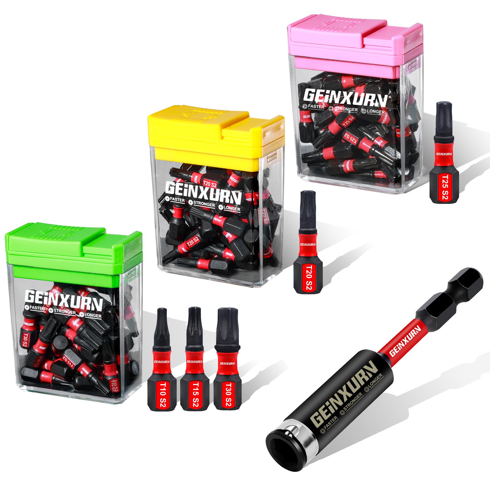 Geinxurn Torx Lot de 90 Embouts de Tournevis Visseuse, 25 mm (T10/T15/T20/T25/T30) Étoile Embouts de Vissage Magnétiques en Acier S2 Tige Hexagonale 1/4" avec 1 Pièce Porte-embout dans Boîte Colorée