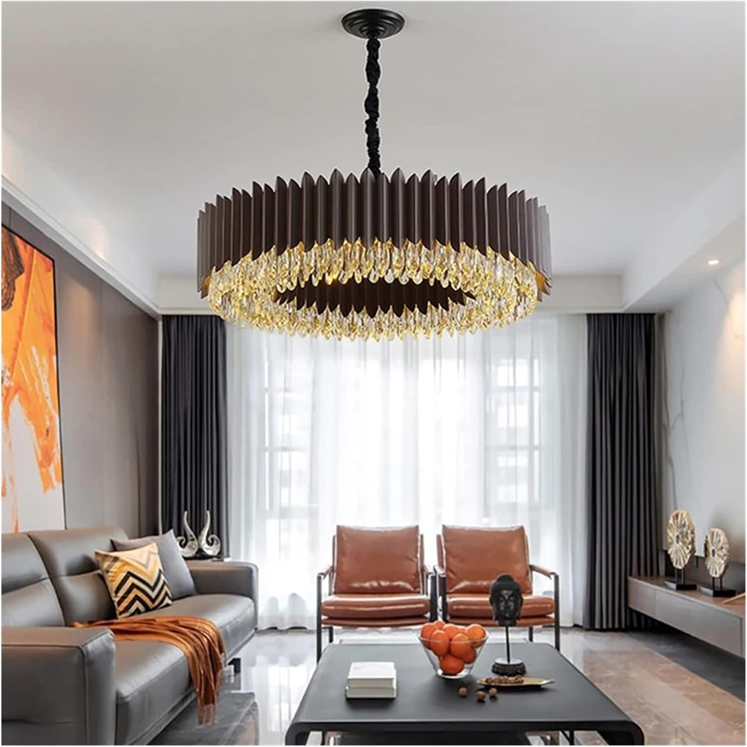 Round Crystal Light LED Luxury Art Deco Black/Gold for Living Room Kitchen Creative Bedroom Dining Home Fixtures (Colour: GlodRound80 cm Size: Warm White) (Blackround 60 cm Changeable) image 3