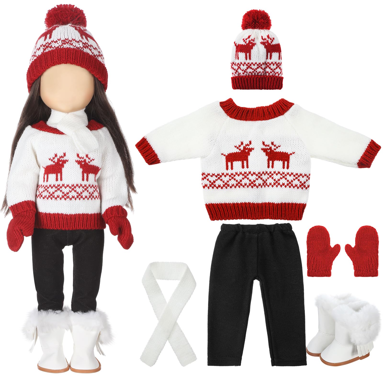Fourluoo 6 Pcs 18" Christmas Doll Clothes, White and Red, Deer