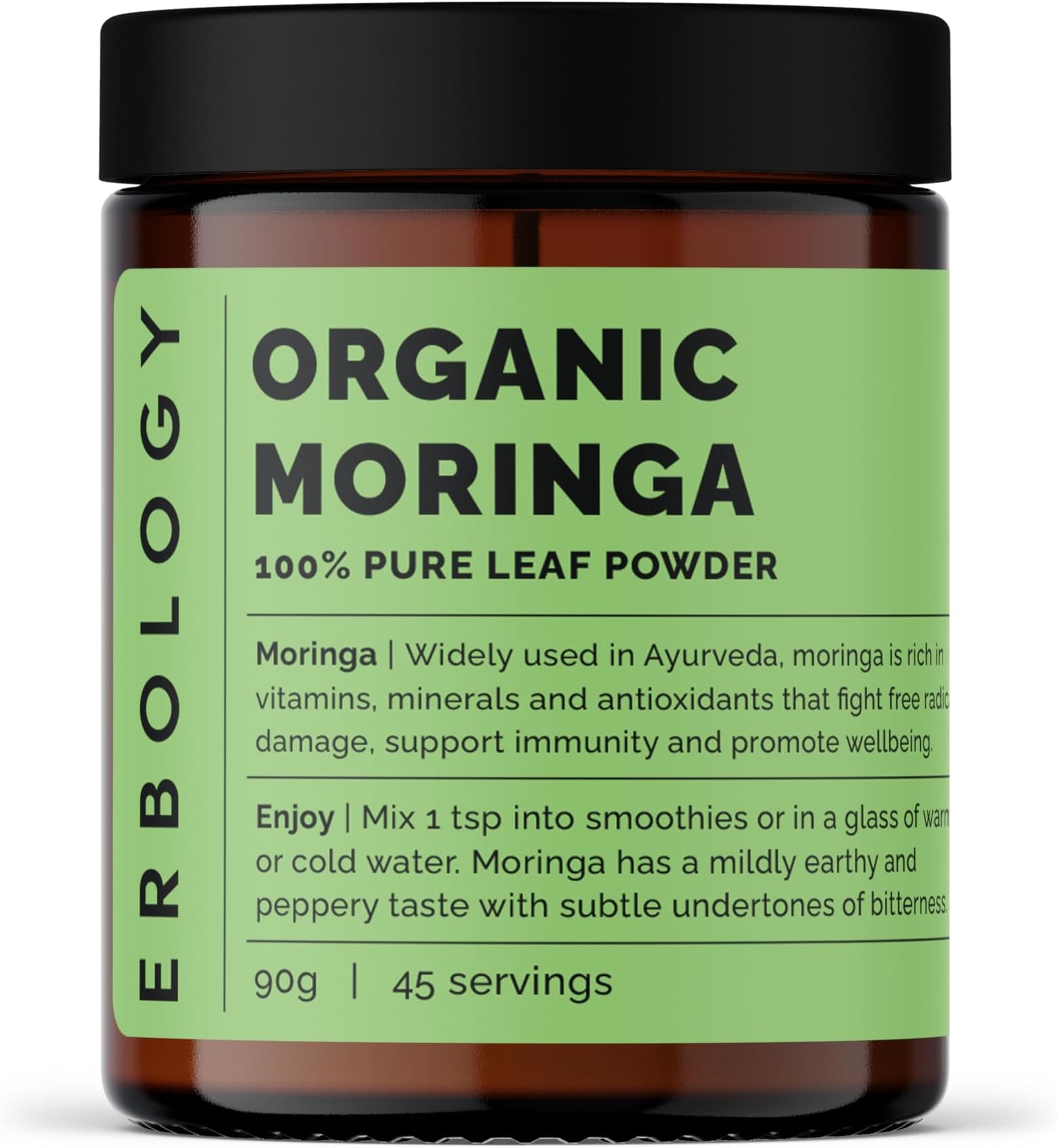 Erbology Organic Moringa Leaf Powder 90g - 45 Servings - Immunity Support - Rich in Calcium and Iron - Sustainably Sourced Straight from Farm in India - Small Batch - Vegan - GMO-Free