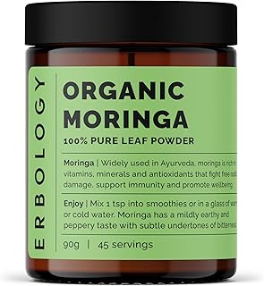 Erbology Organic Moringa Leaf Powder 90g - 45 Servings - Immunity Support - Rich in Calcium and Iron - Sustainably Sourced Straight from Farm in India - Small Batch - Vegan - GMO-Free