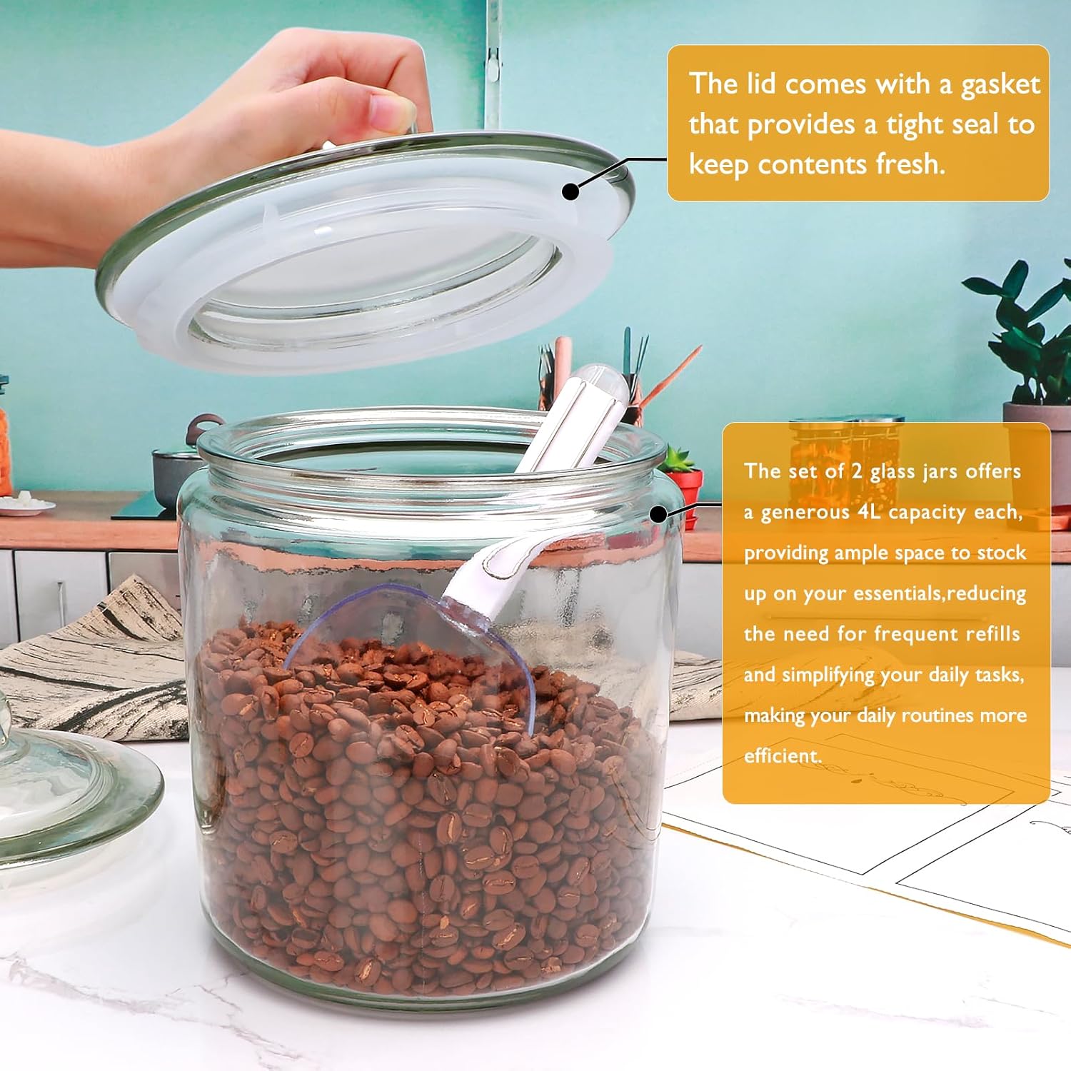 1 Gallon Glass Jars with Lids and Scoops,Clear Glass Storage Containers with Labels for Laundry Room Organization,Large Glass Canisters Set for Kitchen Pantry,Laundry Supplies,Bathroom,2 Pack