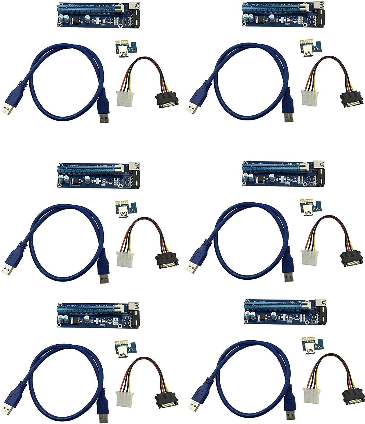 LONGXI6 Pack Molex 4-pin Powered PCI-E PCI Express Riser - VER 006S - 1X to 16X PCIE USB 3.0 Adapter Card - With 0.6m USB Extension Cable - GPU Graphic Card Crypto Currency Mining