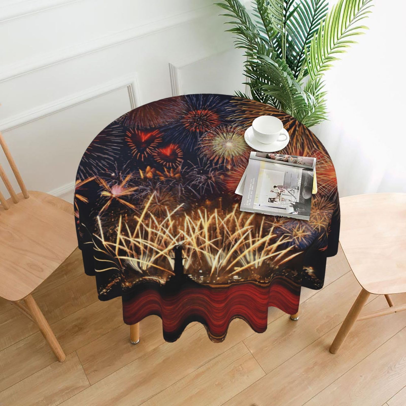 Uusnwaa Fireworks Print Round Tablecloth 60 Inch, Stain Wrinkle Resistant Washable Polyester Table Cover For Kitchen Party
