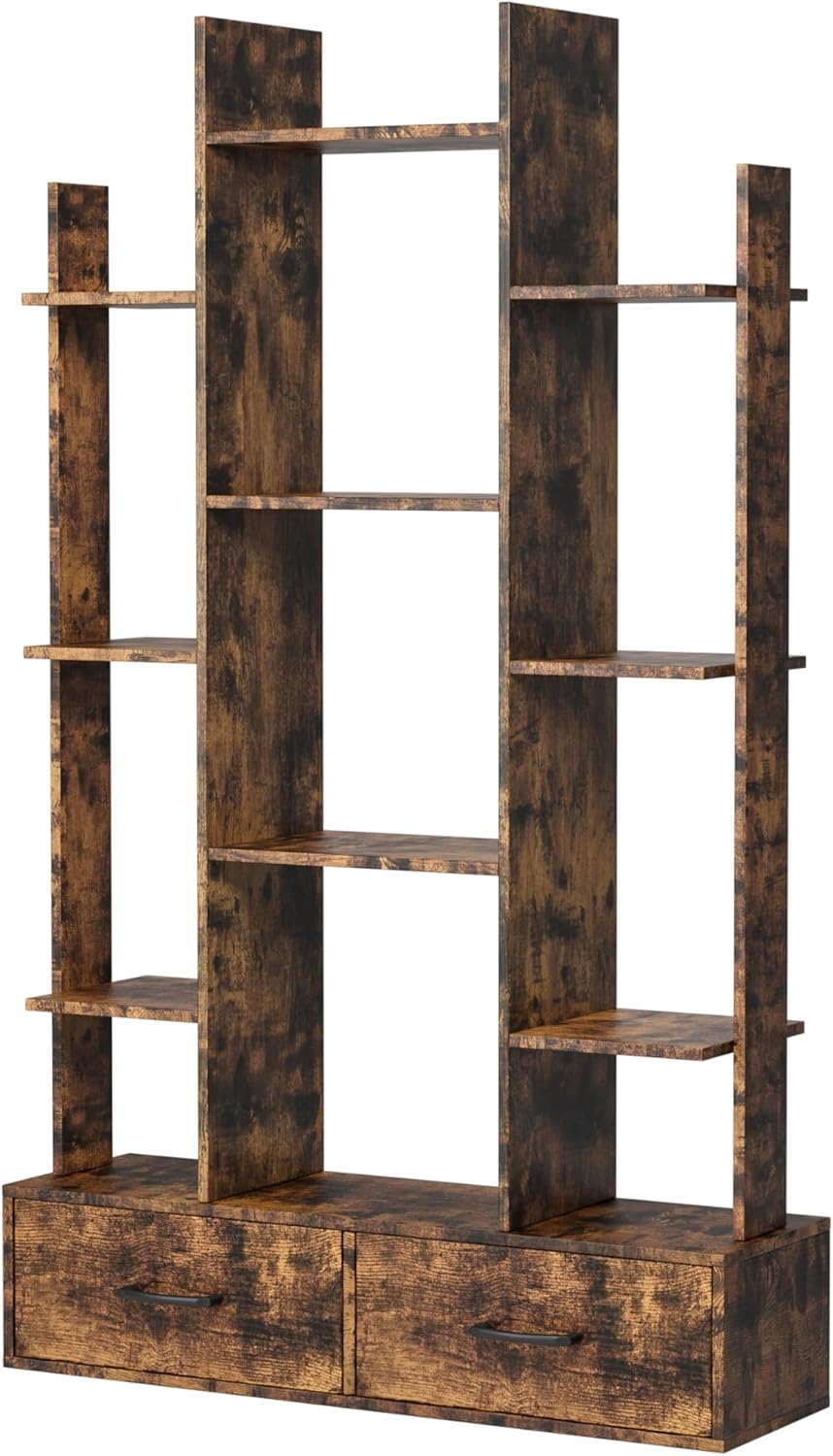 Tall Bookshelf with 2 Drawers, Industrial Open Display Shelving, Vintage Open Bookcase with 12 Storage Shelves, Utility Organizer Shelves for Living Room, Home Office