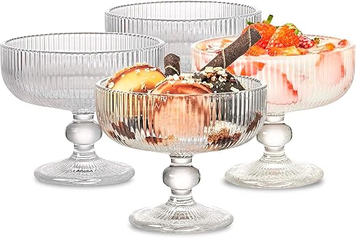 Conjunto de 6 Taças em Vidro - Jogo Canelado para Sobremesa e Sorvete, 320ml