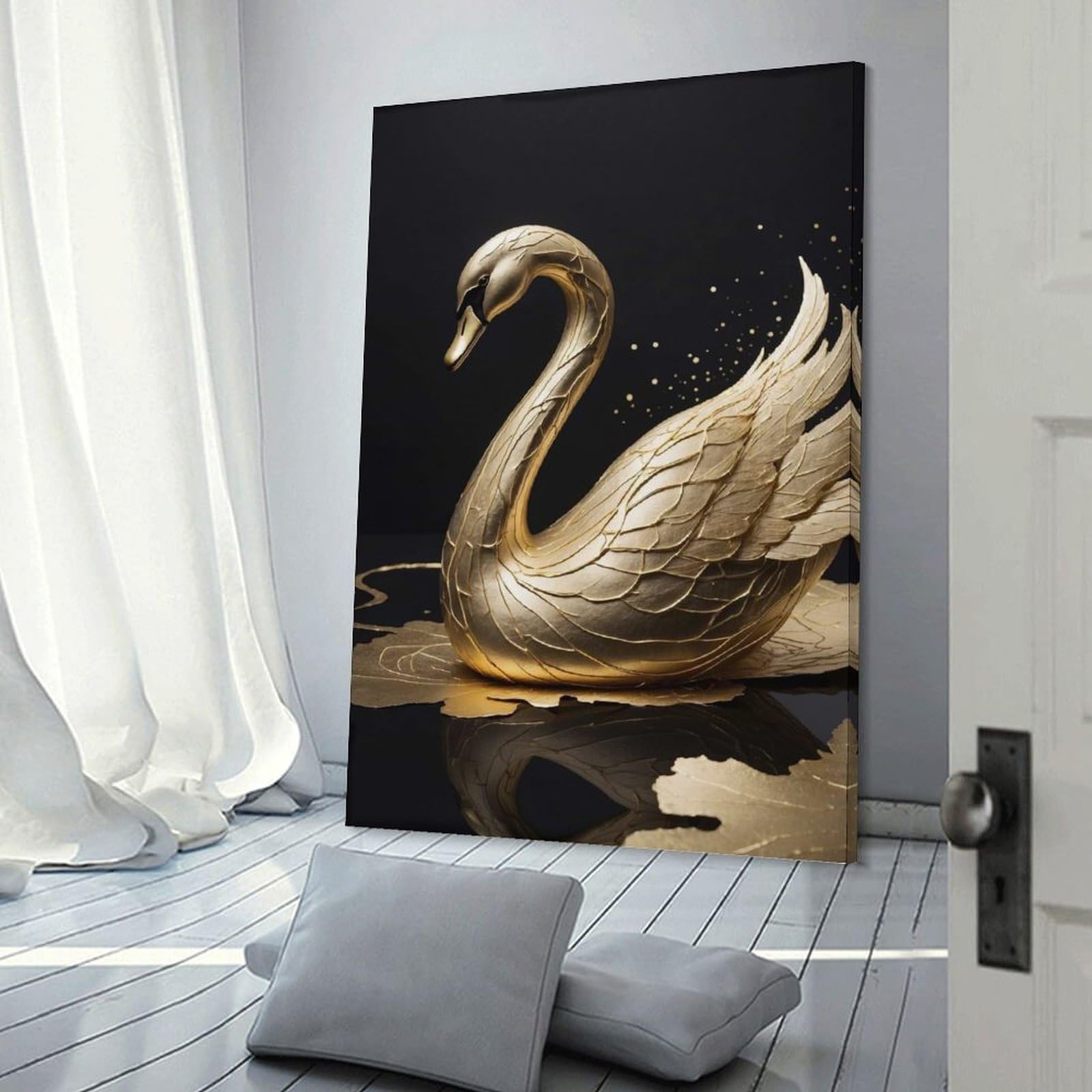 Golden Swan on Black Background Decorative Wall Artwork, 20x30inch(50x75cm), for Corridors, Hallways Or Apartment Entries, Home Artwork for First Impressions