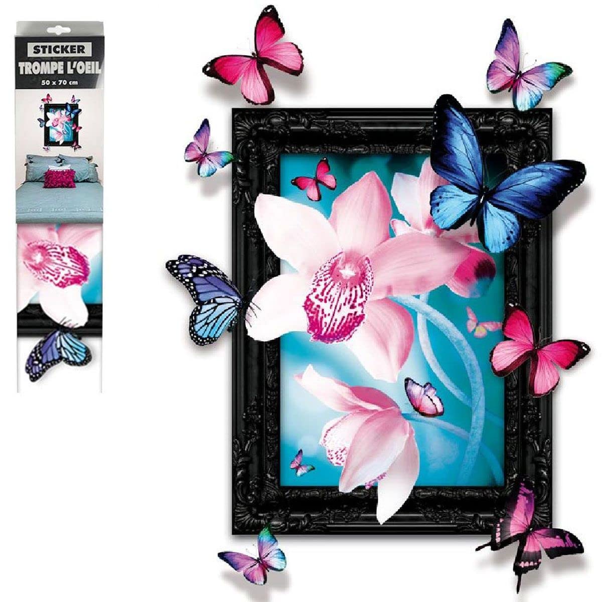 Autocollant Mural Trompe-l'œil Chat Papillon - Décalcomanie ADS - Neuf - Fabriqué En France