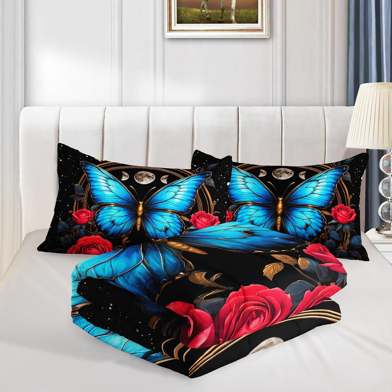 Blue Butterfly Comforter Set Twin Size,Red Rose Comforter Butterfly Bedding Sets for Kids Girls Teens Room Decor Aesthetics,Animal Themed Comforter Floral Bedding Sets with 2 Pillowcases.