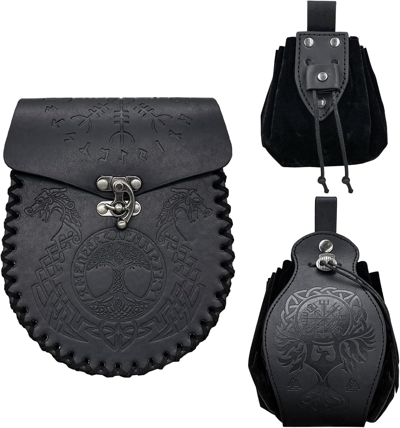 EpicCos 3 PCs Medieval Faux Leather Belt Bag Set, Renaissance Drawstring Pouch Dice Bag, Vintage Side Pack Coin Purse for LARP (Black A)