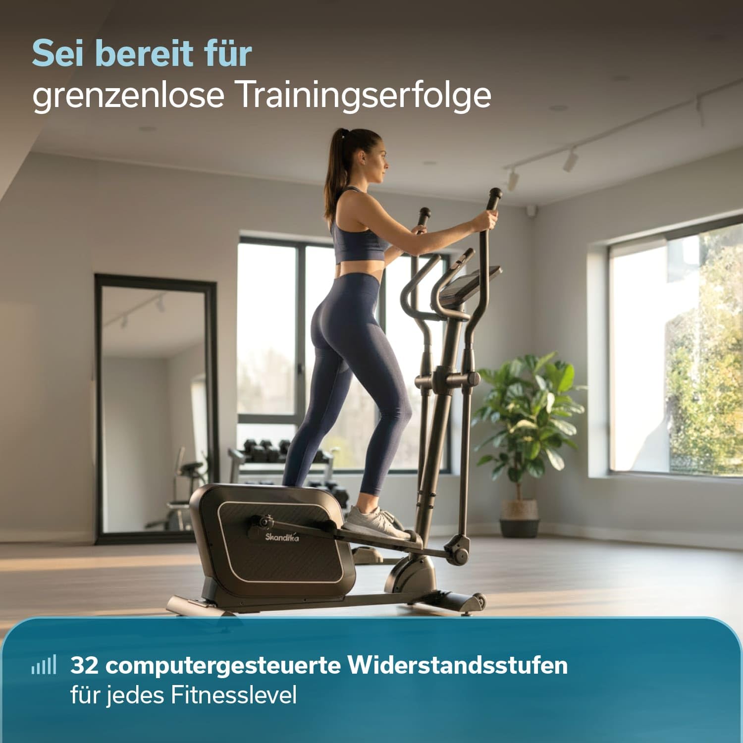 Skandika Crosstrainer für Zuhause Fint P8-R | Heimtrainer leise, 32 Stufen, 22 Programme, bis 120 kg, Kinomap App kompatibel, 8 kg Schwungmasse, Ellipsentrainer | Ellipsen Crosstrainer Fitness Sport