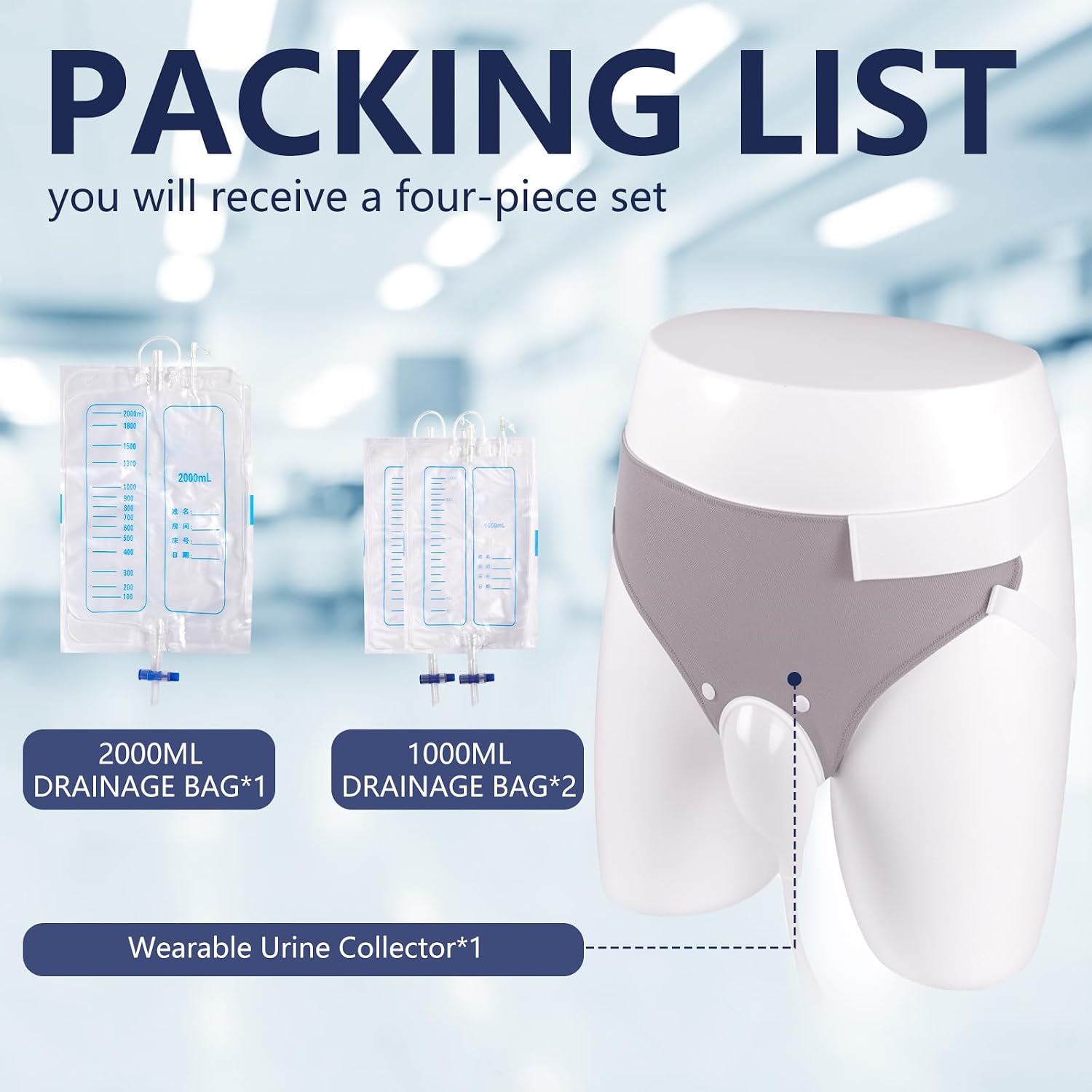 Leg Bag for Men with 200ml & Two 1000ml Urine Bags, Wearable External Collection System with Spill-Proof Design & Stabilization Device, Reusable Collection Unit (Gray)
