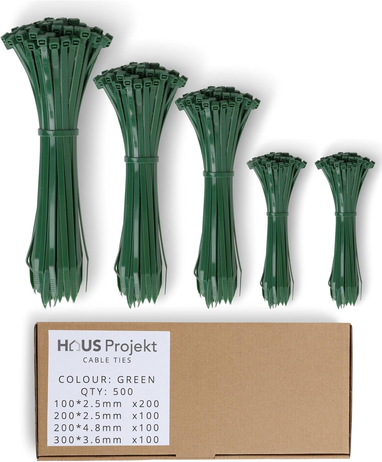 Haus Projekt Cable Ties 500 Pack Green, Assorted Size Zipties, 100
