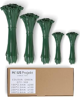 Haus Projekt Cable Ties 500 Pack Green, Assorted Size Zipties, 100/200mm x2.5, 200x4.8, 300x3.6, Cable Management Tidy, Heavy Duty Plastic Zip Tie Wraps, Garden Cable Ties, Small Long Wire Organiser
