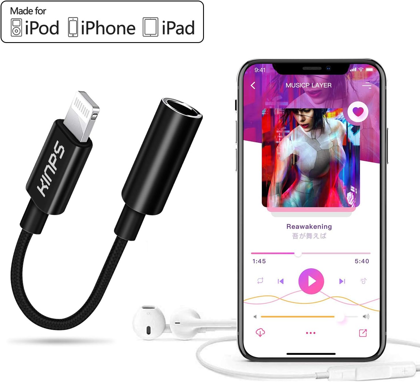 KINPS MFI Certified Lightning to 3.5 mm Headphone Jack Adapter Compatible with iPhone 12/11 Pro Max/11 Pro/11/XS Max/XS/XR/X/8 Plus/8/7 Plus/7 (Black)