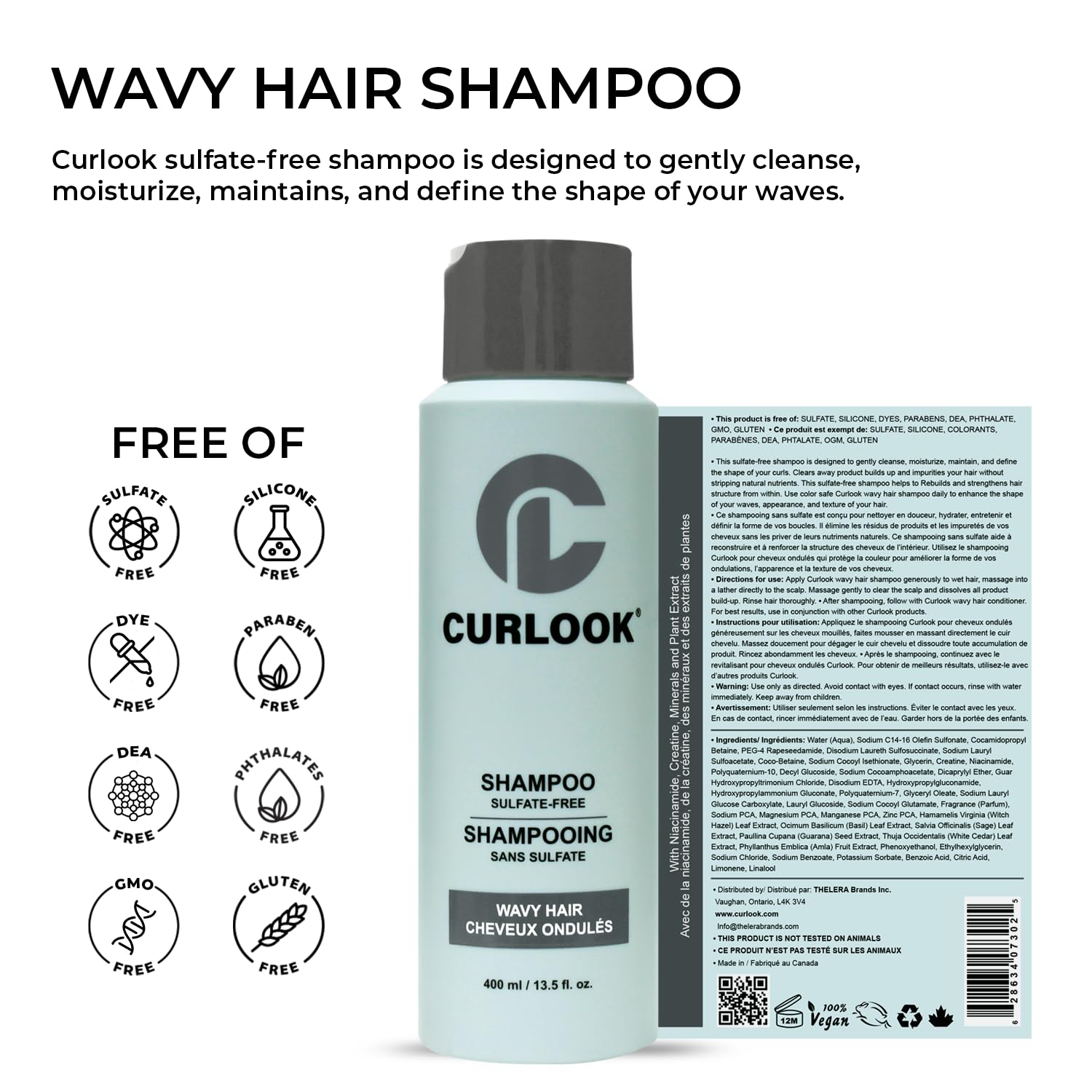Wavy Shampoo | Sulfate-Free - 400ml (13.5 oz) | Cleanses, Moisturizes, Maintains, and Defines the shape of waves | Made in Canada
