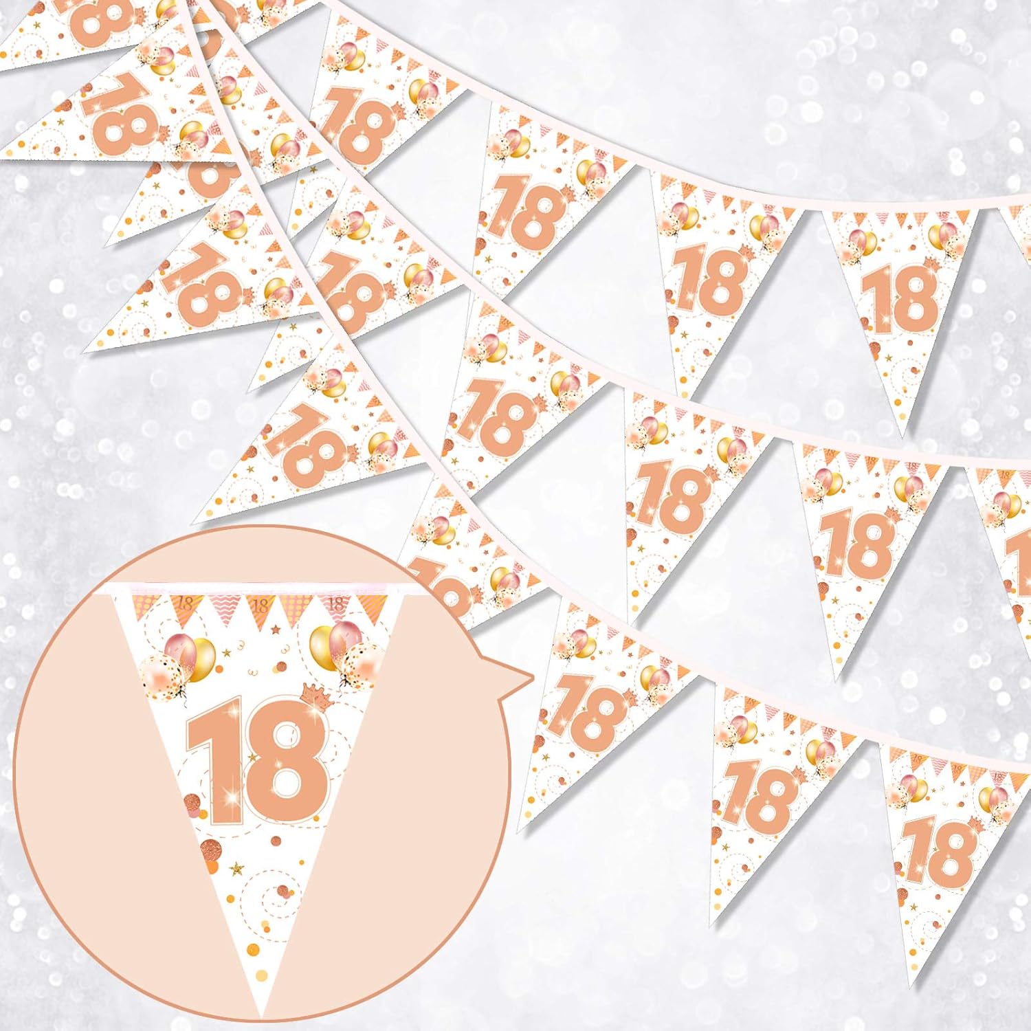 HOWAF Happy 18th Birthday Banner Bunting Flag Triangle Banner Rose Gold Glitter 18th Birthday Decoration for Girls, 18 Anniversary Party Decoration Supplies, 7.4 x 10.8 Inch