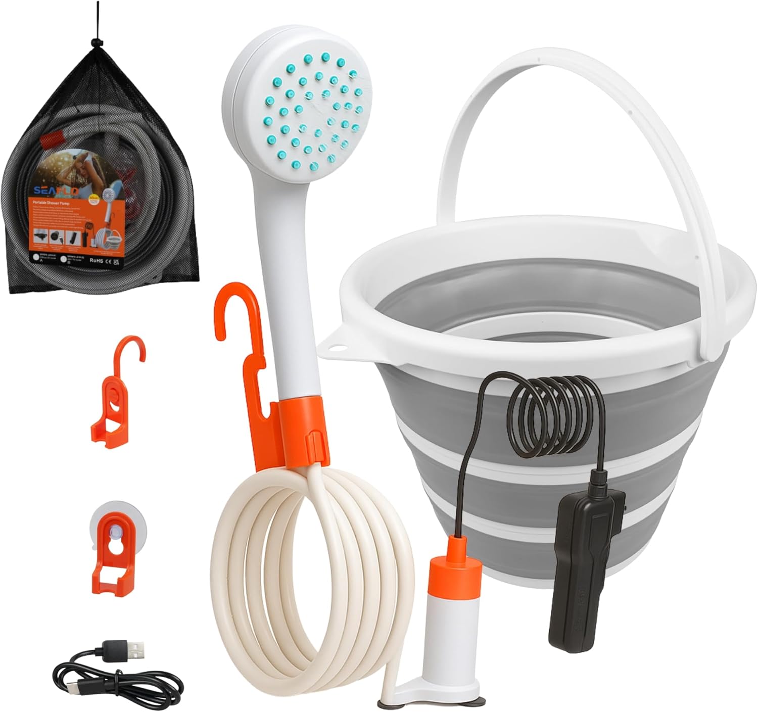 SEAFLO Portable Camping Shower with Rechargeable Battery, 2.64 GPM Flow, 40-Min Runtime, 80" Hose & 2.6 Gal Bucket - Type-C Charging, Model SFPSP5-L010-02