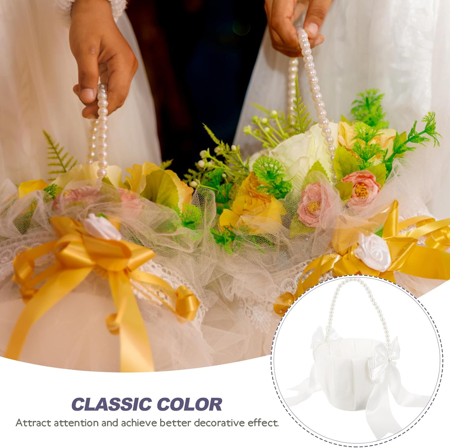 POPETPOP Lace Flower Girl Basket with Pearl Handle Handheld Wedding Petal Storage Basket for Bridal and Flower
