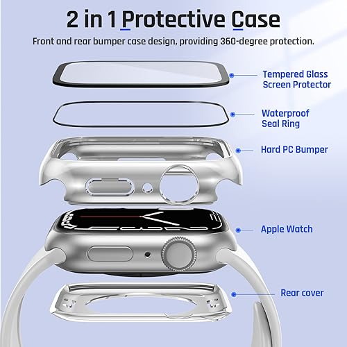 Miniatura 5 de Goton Funda impermeable 2 en 1 para Apple Watch Series 8 y Series 7 de 1.772in, protector de pantalla de vidrio 360, parachoques duro de