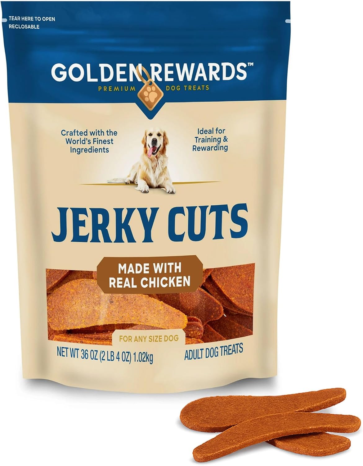Golden|Rewards Chicken Jerky Dog Treats for Training – Natural Jerky Cuts with Real Chicken – High Protein, Grain Free, Low Fat, Gluten Free – Dog Snacks for All Breeds and Sizes – 36 oz Bag