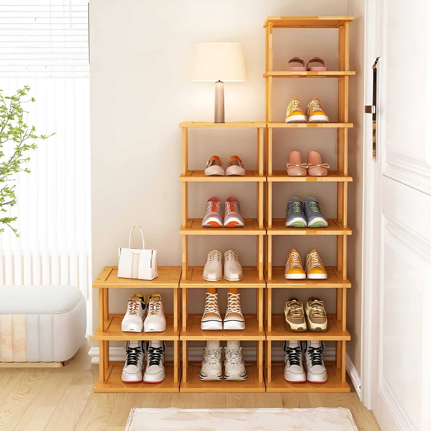 Bambus-Schuhregal mit 8 Ebenen, Eigenständig, Vertikales Schmales Stapelbares Schuhregal für Eingangsbereich, Flur, Schrank