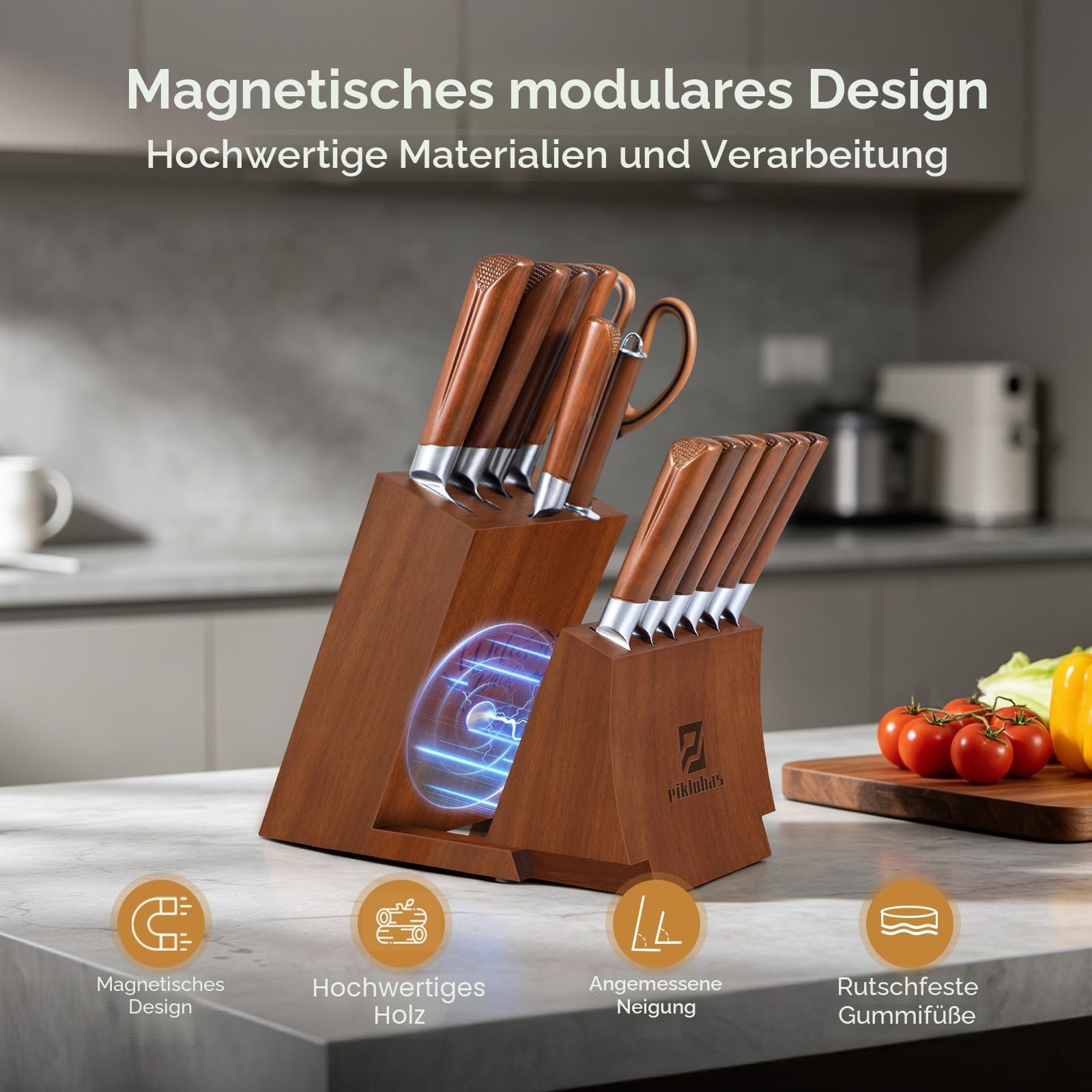 Küchenmesser-Sets mit Block, Piklohas 15 Stück Messersets mit magnetischem, abnehmbarem Messerhalter, Hartstahl Damastmuster, Kochmesserset mit Steakmessern, ideal für Hauseinweihungsgeschenk
