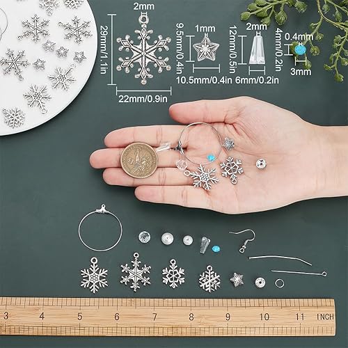 Miniatura 10 de SUNNYCLUE 1 caja de bricolaje para hacer 10 pares de aretes de copo de nieve, kit de iniciación, colgantes de aleación de copo de nieve, cuentas de