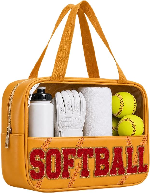 Necessaire de maquiagem PPeen com estampa de softball, letras em chenille e zíper