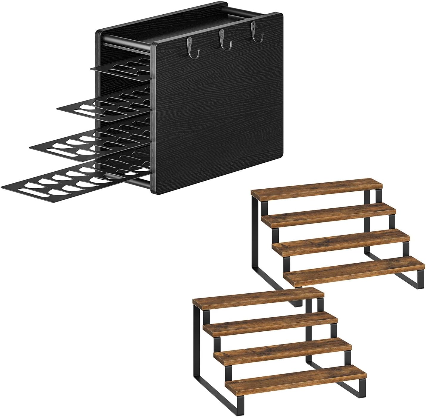 Coffee Pod Drawer Holder, 72 Pods Large Capacity, 4 Tier Holder for Vertuo, Spice Rack Set of 2, 4 Tier Spice Rack Organizer for Countertop, Wooden Display Riser Stand, KH06BB-SR04L2BR